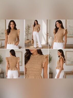Hyacinth House Nadine Smocked Ruffle Peplum Boho Cottagecore Coquette Tan Blouse